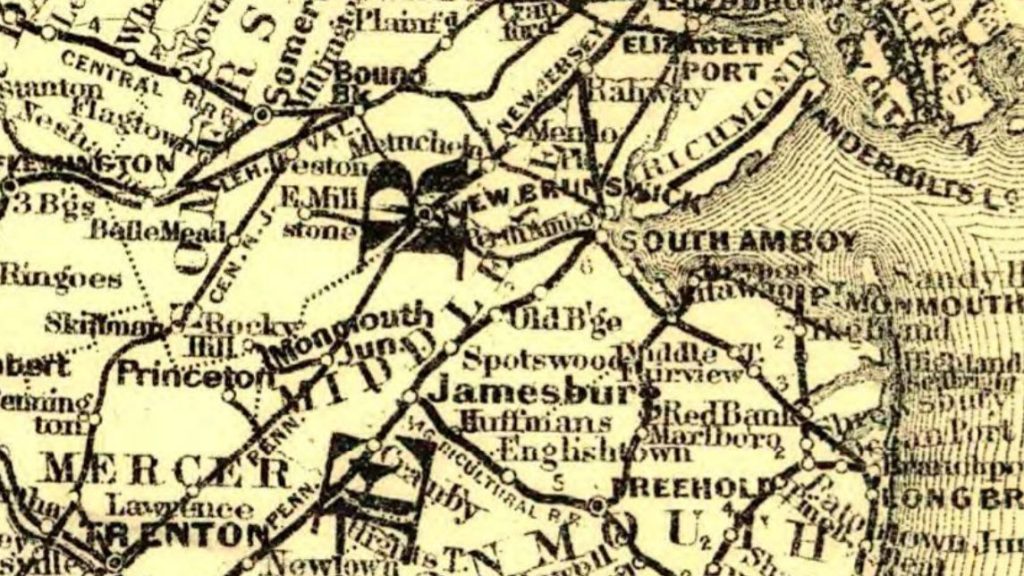 Railroad map from 1890, showing the new mainline and the branch from Rocky Hill to Monmouth Junction